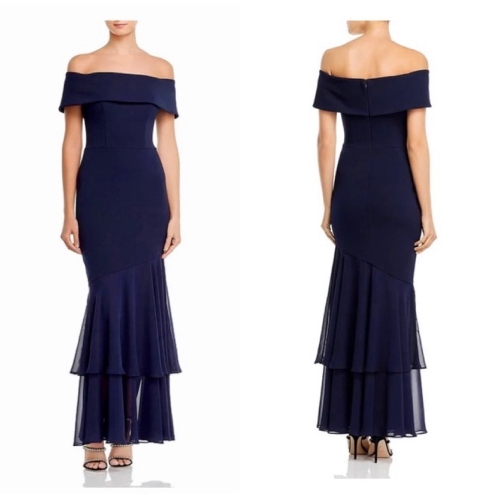 Aqua Navy Blue Off Shoulder Layered Mermaid Dress